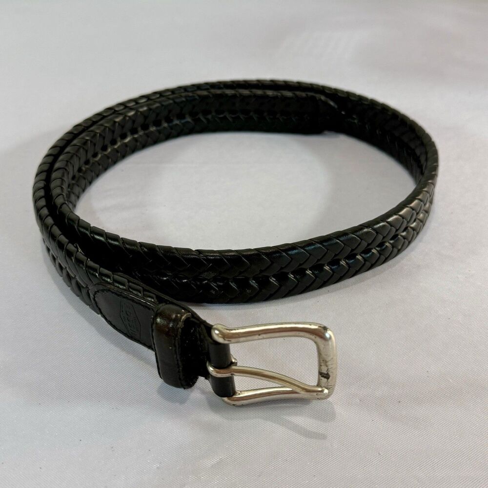 Fossil Mens Black Braided Leather Belt w/ Silver Buckle Size 34